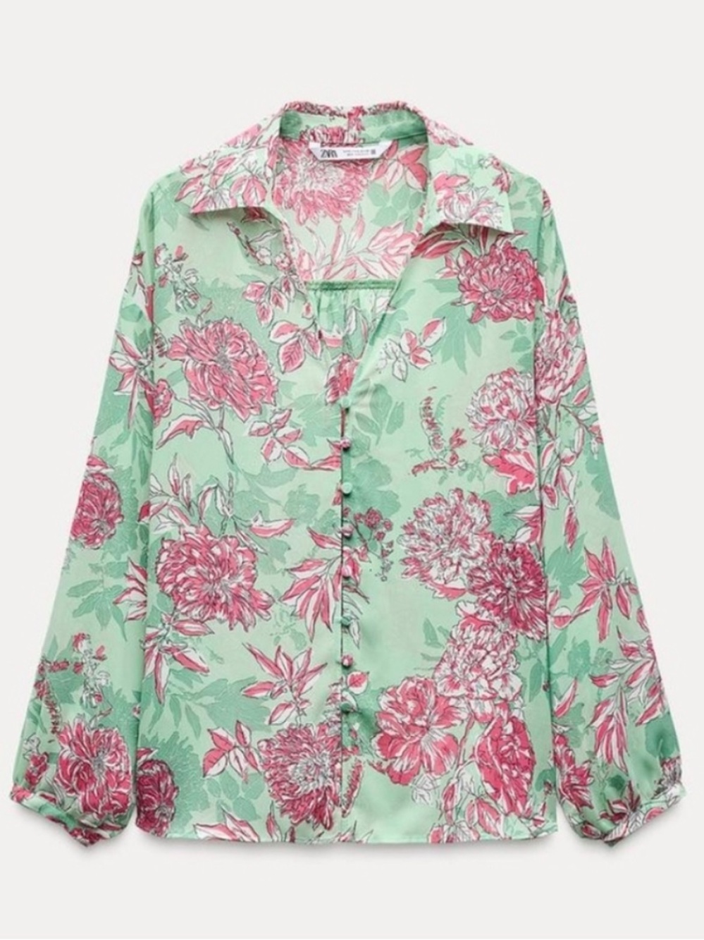 Zara Mint Green Button-Down Shirt with Pink Floral Print